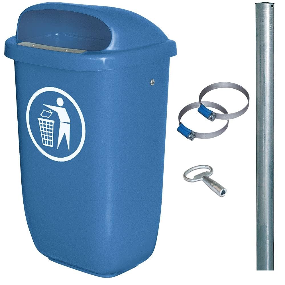 BRB Poubelle d'extérieur - Capacité : 50 l - Conforme à la norme DIN 30713 - Kit complet avec poteaux de tuyau galvanisés et colliers de serrage (bleu)