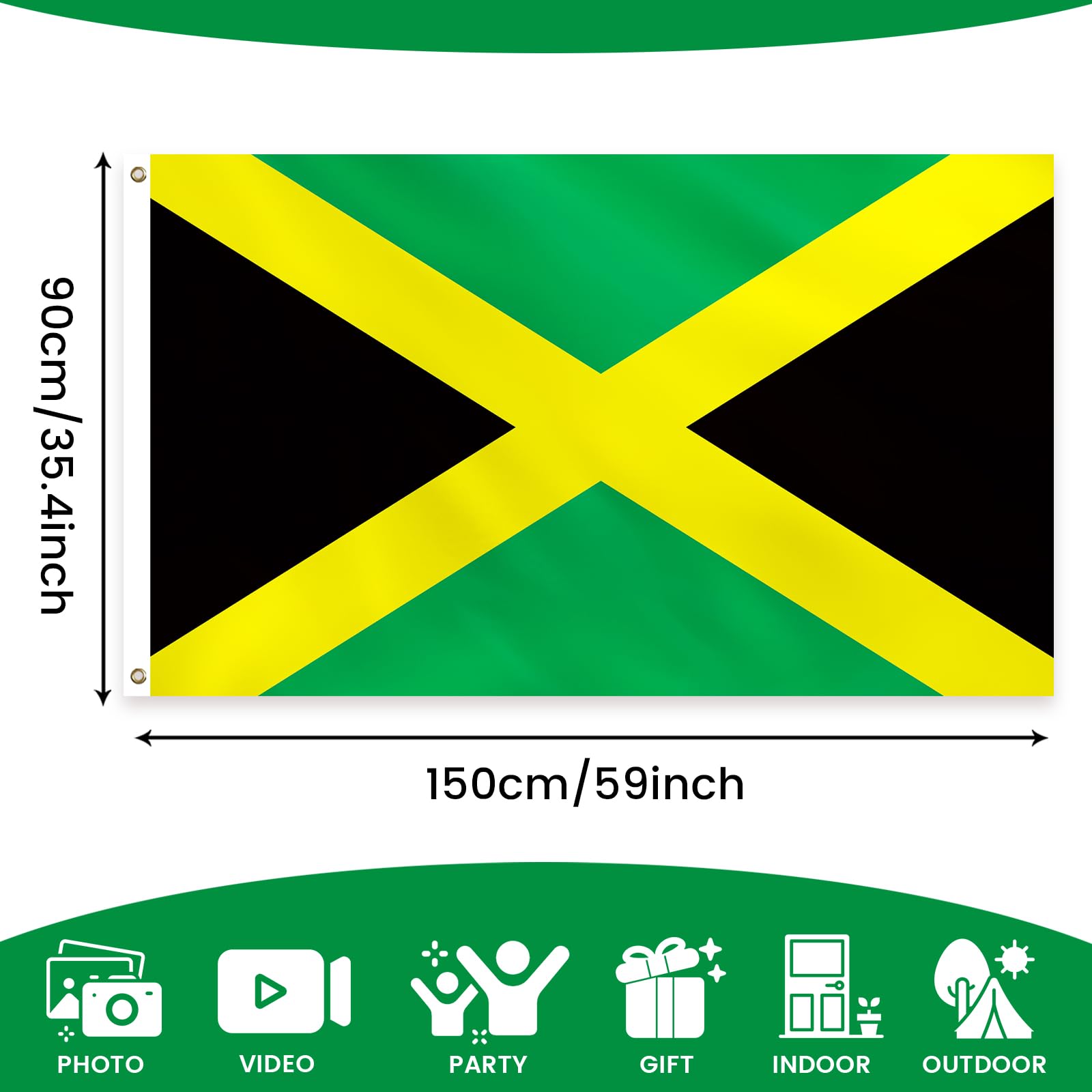 PartyYaa Jamaica Flag, 5ft x 3ft Large Jamaican Flag, Single Side with 2 Brass Eyelets, Waterproof - Image 2