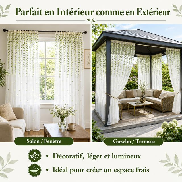 Lot de 2 Rideaux Extérieurs Brodés en Mousseline, Voilage Anti-Moustiques Haute Densité, Finition Manchon, Design Feuillage Élégant pour Patio, Pergola, Gazebo, Terrasse(140LX175H cm)