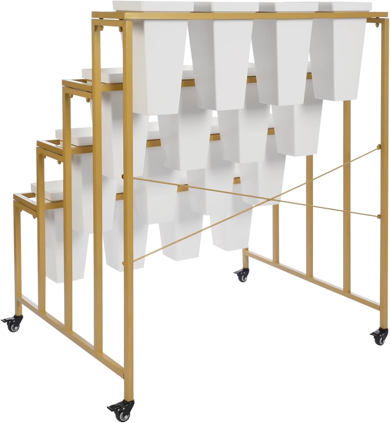 4 Tier Metal Flower Display Stand with 16 Buckets 7.09*7.09*13.39in, Floor Mount Plant Stand with Wheel, Decorative Flower Display Rack for Outdoor, Home, Florist, Entrance, Wedding (White)