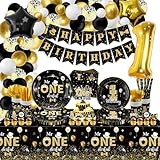 Mr Onederful 227 PCS Black Gold Birthday Decorations - Plates, Napkins, Cups, Balloons, Banner, Cake Topper, Tablecloth for Baby Shower, 1st Birthday Boy, Serves 20