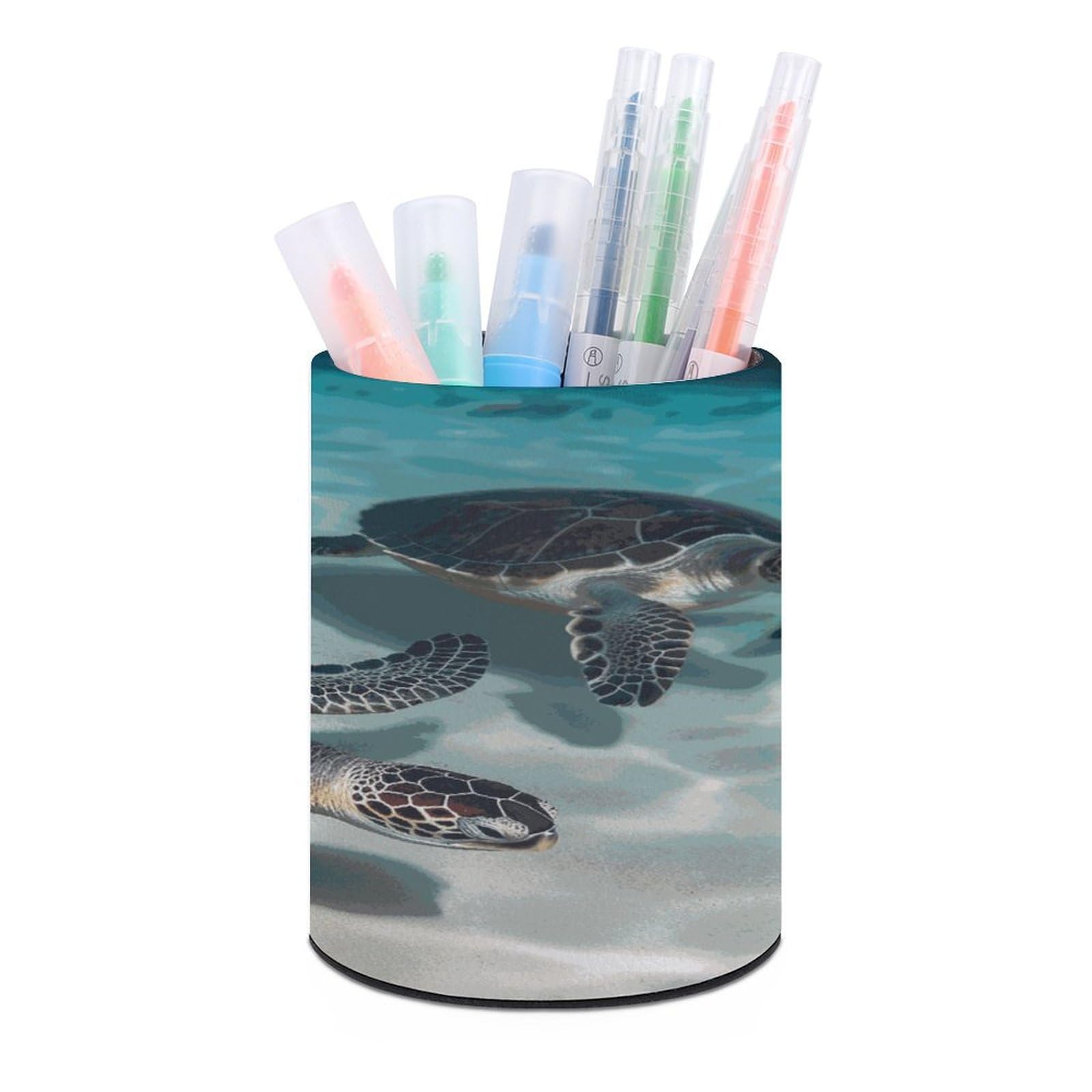 LDGSUPH Sea Turtles Round Pen Holder Leather Pen Cup Pencil Cup Pen Organizer Pencil Holder for Desk Organizer Pencil Organizers Makeup Brush Holders for Home Office Gift