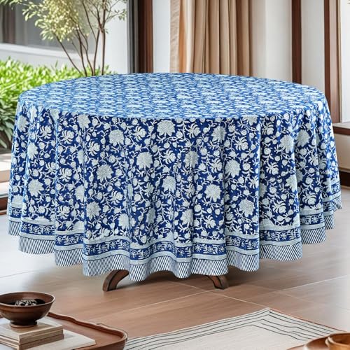 Ridhi Hand Block Print Round Tablecloth Persian Blue 60 Inch 100% Cotton