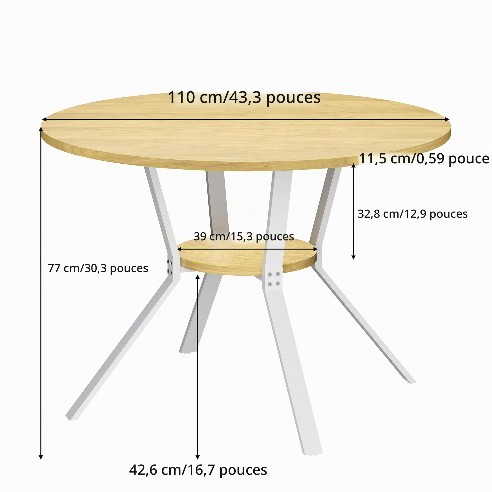 Wildhome Table de Salle à Manger, pour 2 à 4 Personnes. Table Ronde compacte en Bois (110 cm) avec Compartiments de Rangement. Convient aux Maisons, salles à Manger et Salons. Couleur Bois Naturel.