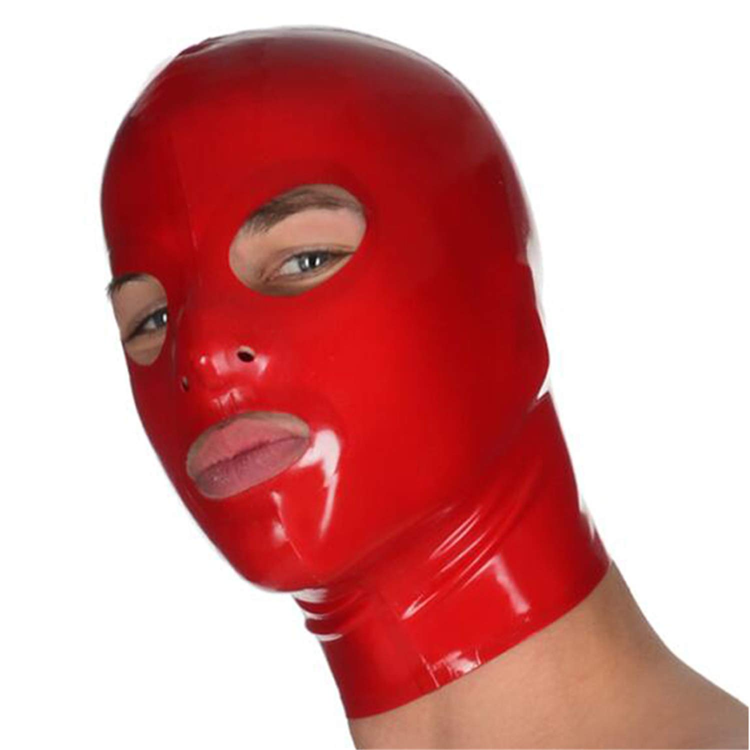 SecondSkin Red Latex Hood Back Zipper Open Eyes Mouth Nose Rubber Mask Cosplay Club Wear Costume (Red, X-Large)