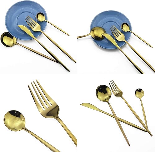 Miniatura 3 de Juego de cubiertos pulidos con espejo, 24 piezas de acero inoxidable 304 dorado, incluye tenedor, cucharas, cuchillo, vajilla reutilizable, juego de
