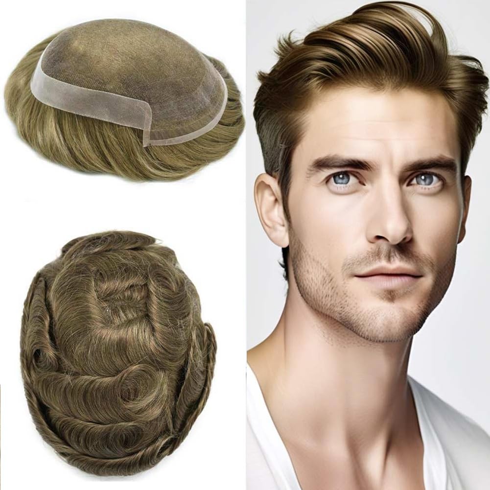 FACE MIRACLE Swiss Lace Front Human Hair Toupee for Men NPU Poly Coated Breathable Invisible Hairline Hand-Tied Real Hair Replacement System Mens Hairpiece 6X9 120% #7 Very Light Brown