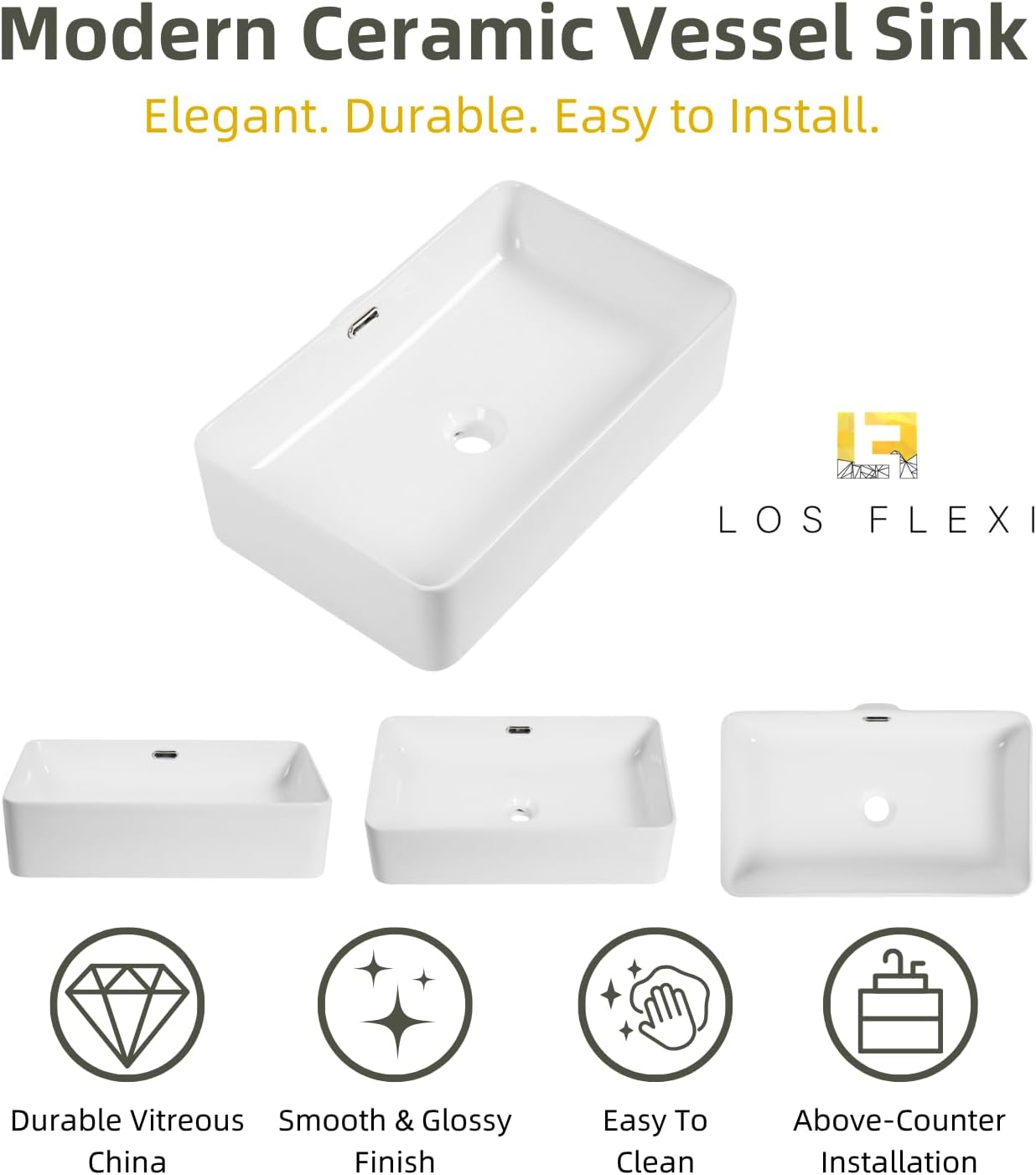 22 Inch Bathroom Vessel Sink with Overflow, Los Flexi 22"W x 13"D Rectangular Vessel Sinks for Bathrooms, White Porcelain Basin, Modern Above Counter Bathroom Sink