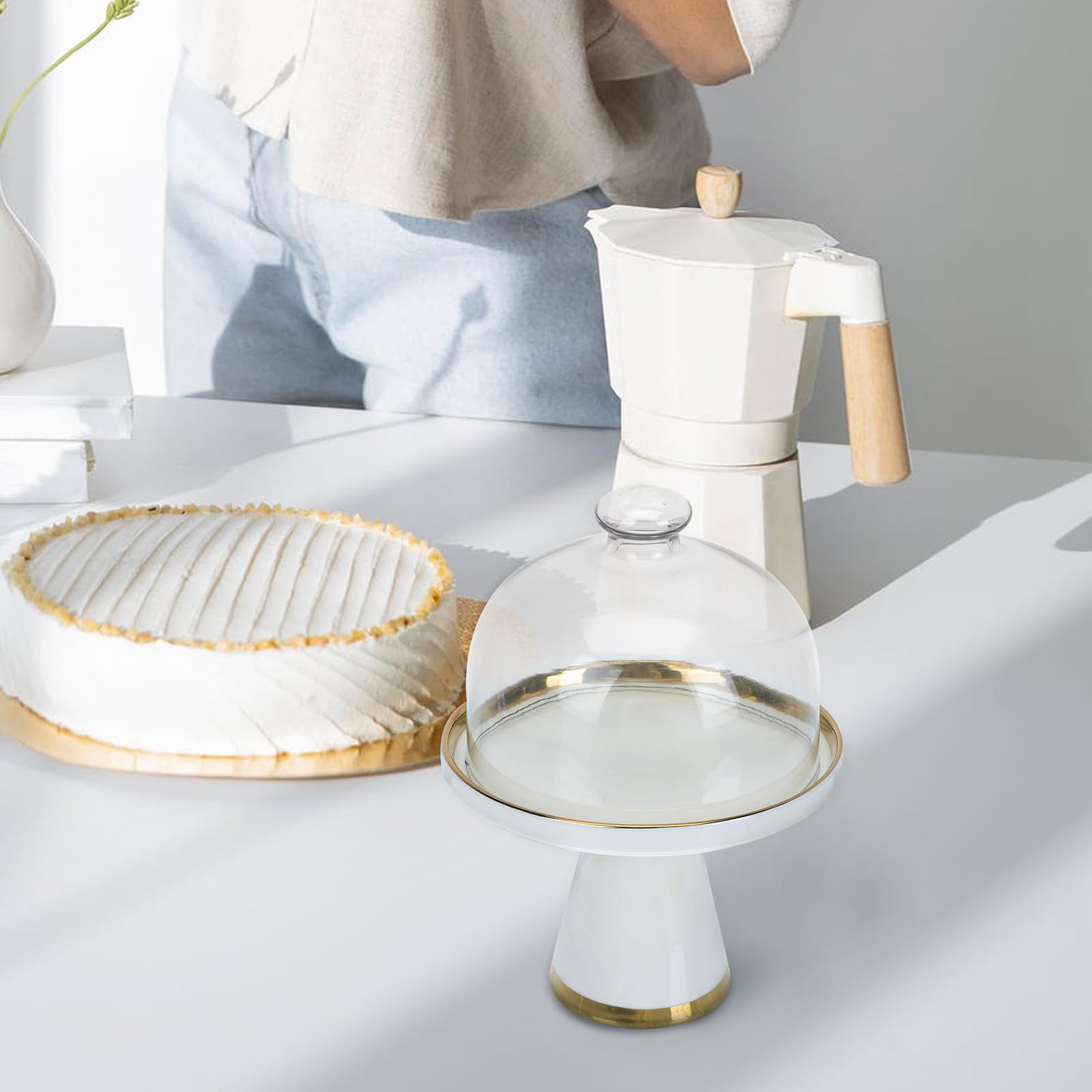 Nordisches mit Einfachem Design Satz Kuchenplattendeckel aus Keramik und Glas Praktische Kuchenform mit Glasdeckel und Food Protection für Dessertplatte