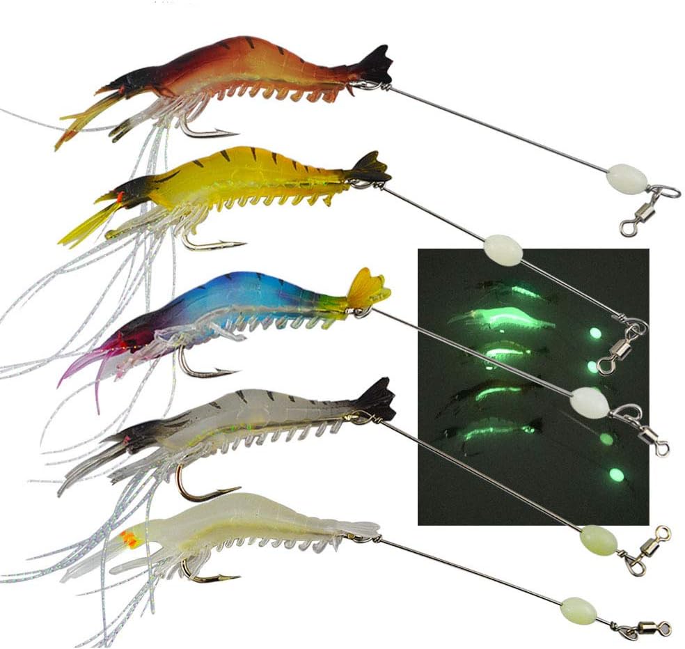 Senven Fishing Lure, Artificial Shrimp Bait - 5 Pcs, 97 mm, Soft with Hook, Fishing Lures for Outdoor Fishing, Luminous Bionic Shrimp - Yellow, Blue, Red, White, Random color
