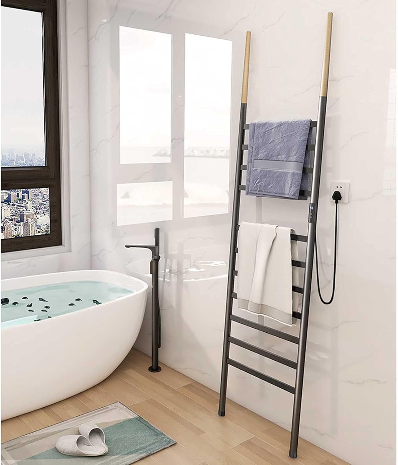 Freestanding Electric Towel Warmer, Ladder Heated Towel Rack with Digital Touch Control, for Bathroom, Living Room, Balcony, 45-70℃ Temperature Range