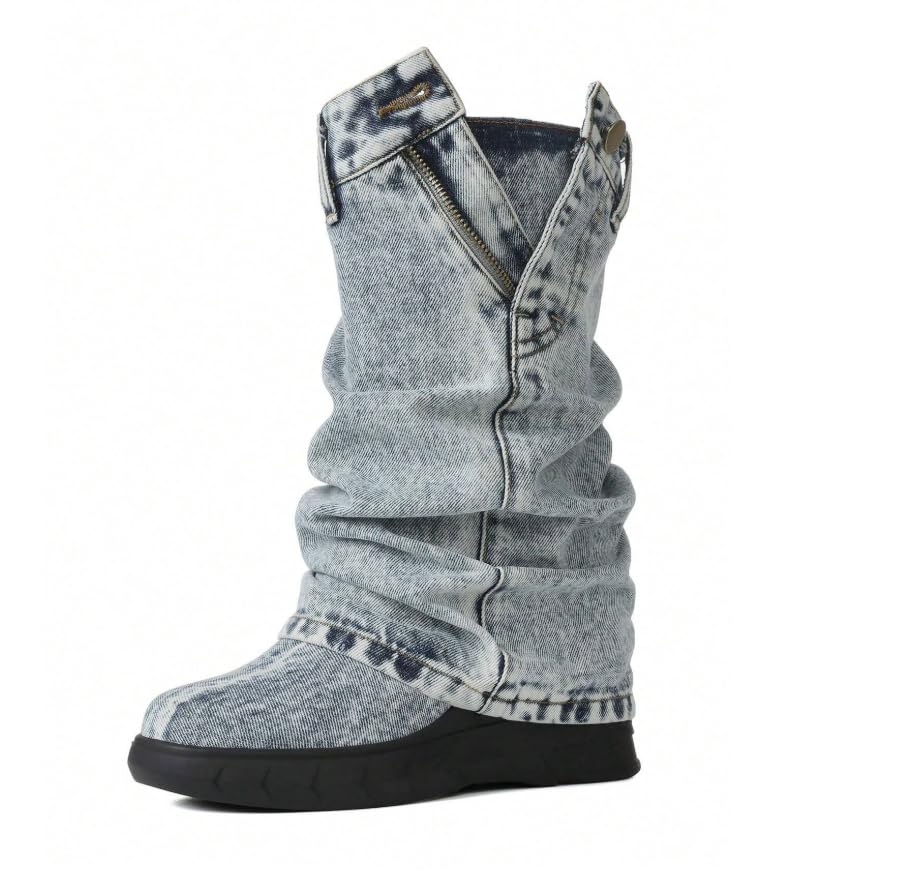 Womens Platform Denim Boots Fold Over Mid Calf Boots for Women Round Toe Wedge Heel with Zipper Vintage