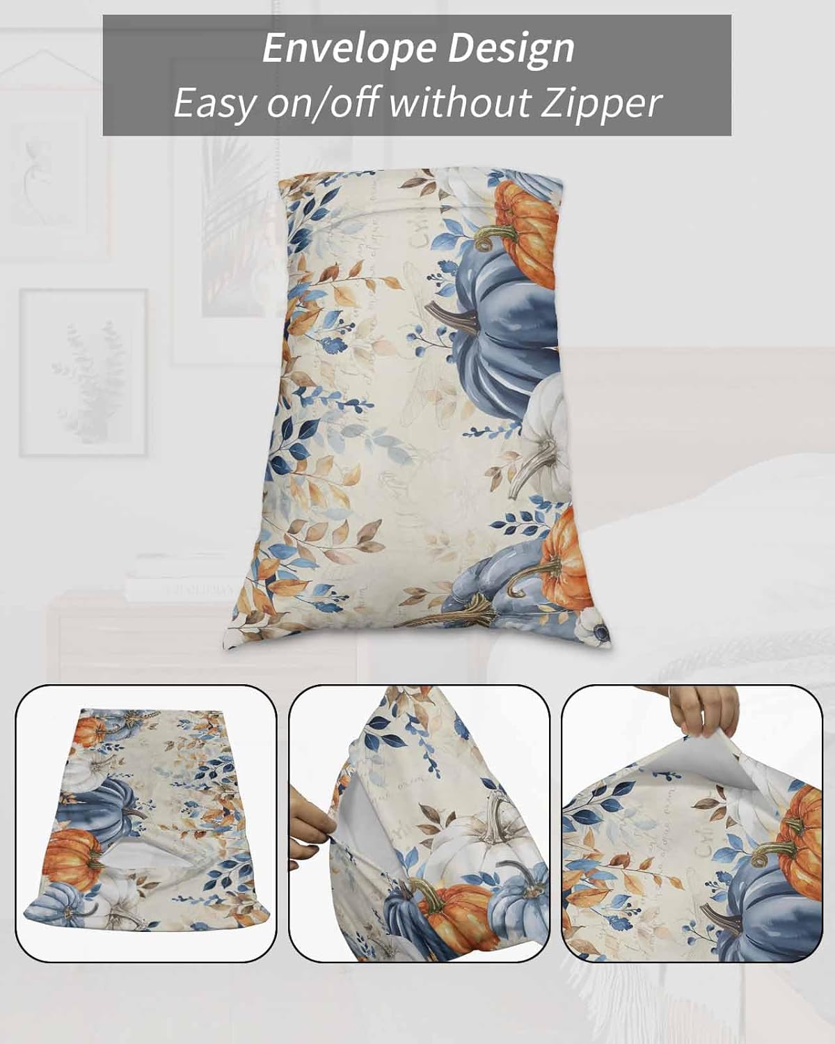 DecorLovee Fall Blue Pumpkins Pillow Cases Standard Size Set of 2, Orange Botanical Bed Throw Pillow Covers, Thanksgiving Retro Decorative Lumbar Pillow Cover with Envelope Closure 20x26Inch