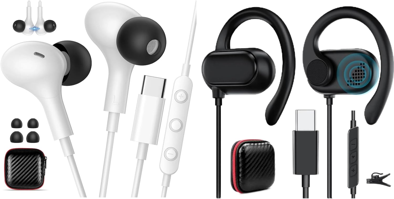 2 Pack in Ear Over Ear USB C Earbuds with Microphone