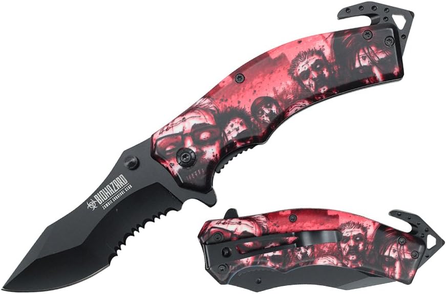 8" Spring Assisted Open Folding Knife, Red Color Zombie Design Handle