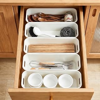 5-Pack Plastic Storage Bins, White Portable Storage Baskets with Handles for Kitchen Cupboard Office Bathroom Desk Organizer