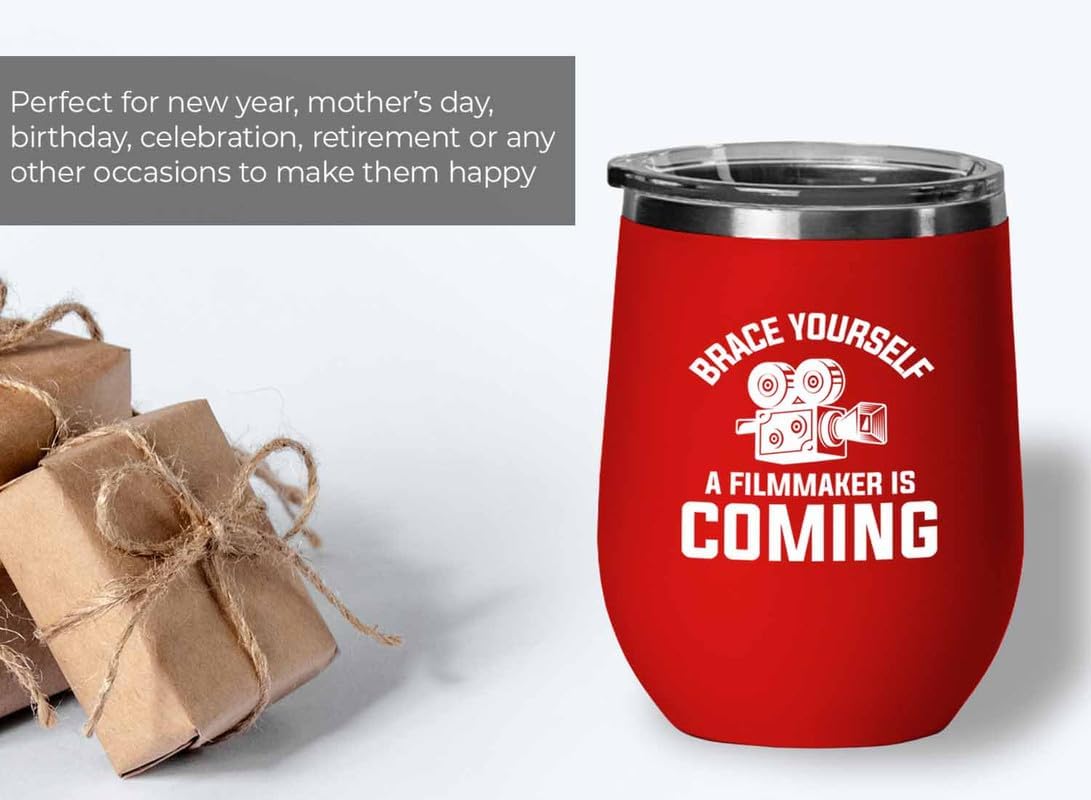 Filmmaker Red Edition Wine Tumbler 12oz - Brace yourself a - Filmmaker Gifts Camera Lens Cut Prop Director Movie Film Scriptwriter