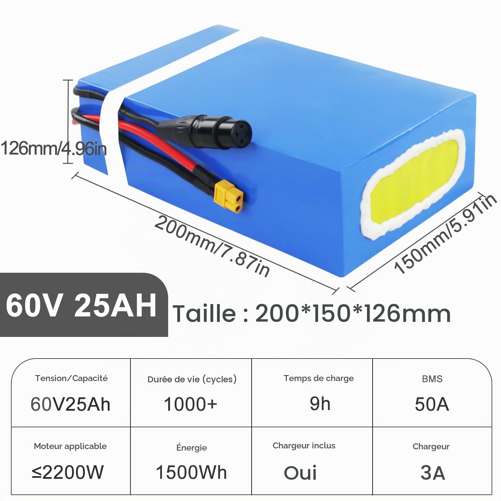 Batterie au Lithium 60V 25 Ah pour vélo électrique 2000w 2500W | Batterie avec un chargeur rapide 3A - Batterie pour trottinette électrique tricycle électrique fauteuil roulant