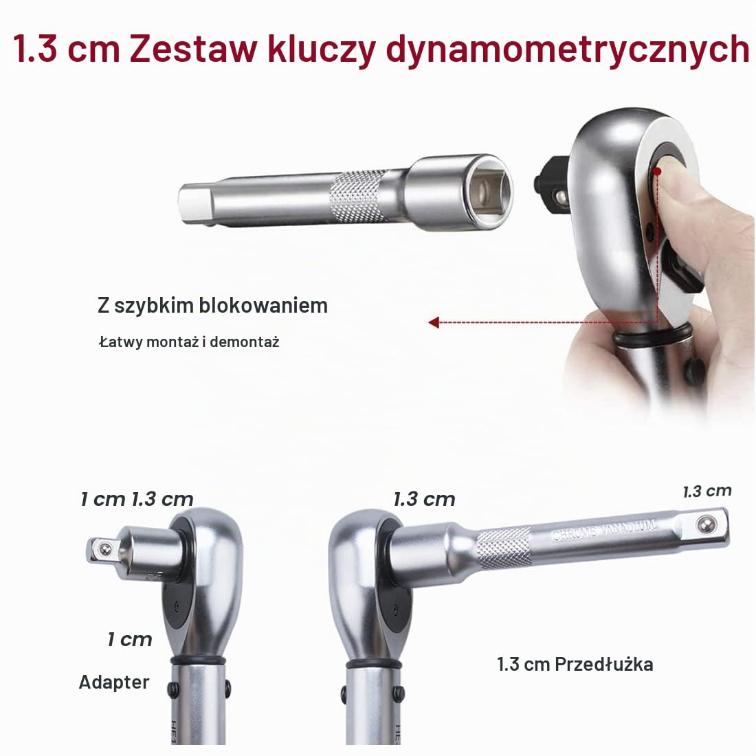 Klucz dynamometryczny 1/2", klucz skrętny 20-220 Nm, dokładność ± 3%, 90-zębowy klucz grzechotkowy, z przedłużeniem i nasadkami do samochodów, ciężarówek, motocykli i rowerów