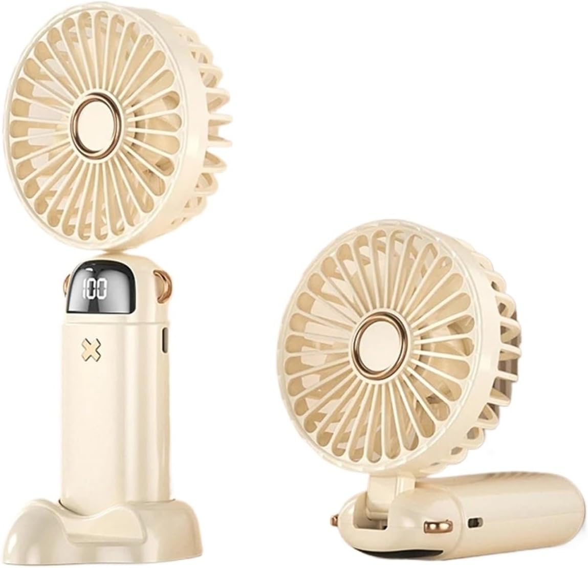 Handheld Fan Portable Desk Fan 5 Speeds USB Rechargeable Neck Hanging Fan Quiet With Digital Display And Stand(Beige)