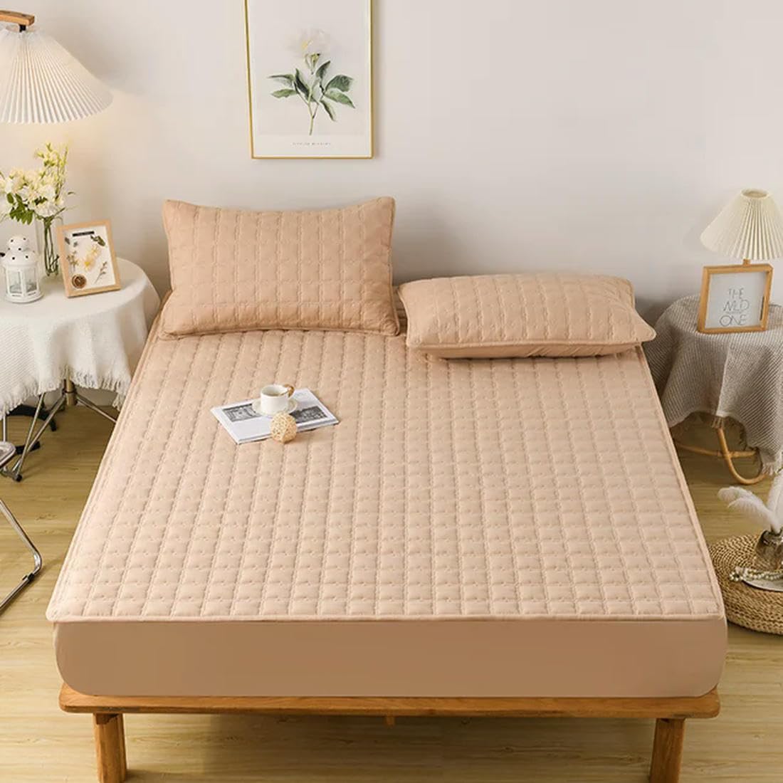 Sábana Bajera Impermeable de Colores sólidos, Fundas de colchón Ajustables, Cuatro Esquinas con Funda de Almohada con Banda elástica, 1 Uds.