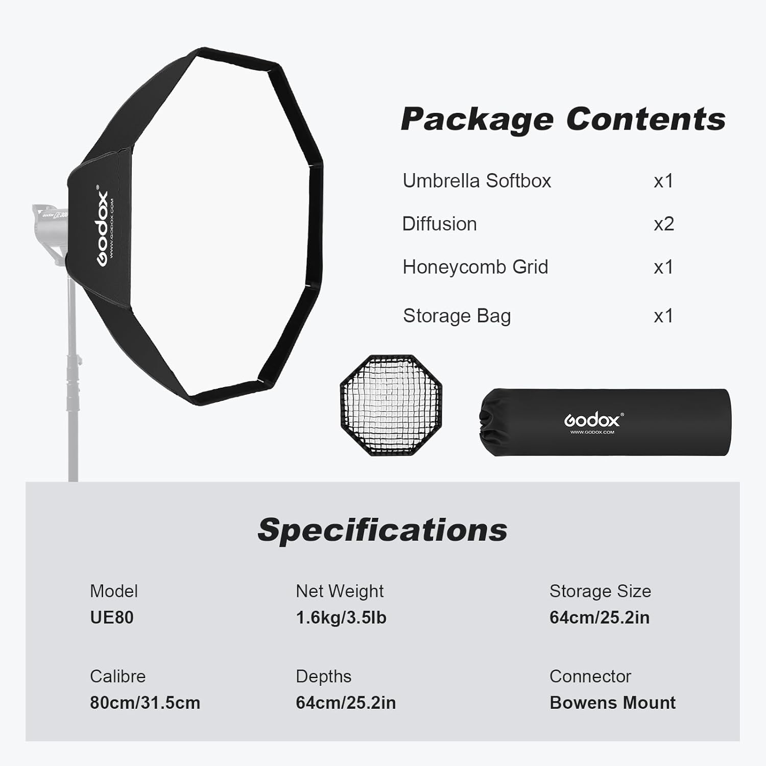Godox SB-UE 32"/80cm Umbrella Octagon Softbox Reflector with Honeycomb Grid for Speedlight Flash (Bowens Mount)
