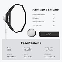 Vista 6 de Godox SB-UE 32"/80cm Paraguas Octágono Softbox Reflector con rejilla de panal para flash Speedlight (montaje Bowens)