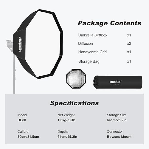 Miniatura 6 de Godox SB-UE 32"80cm Paraguas Octágono Softbox Reflector con rejilla de panal para flash Speedlight (montaje Bowens)