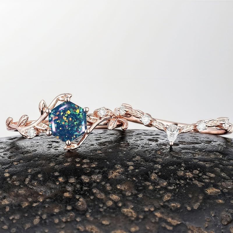 10K 14K 18K Gold Vine Leaf Black/White/Blue Opal Wedding Ring Sets for Women Twig Opal Promise Anniversary Statement Ring Sets Size 3-16