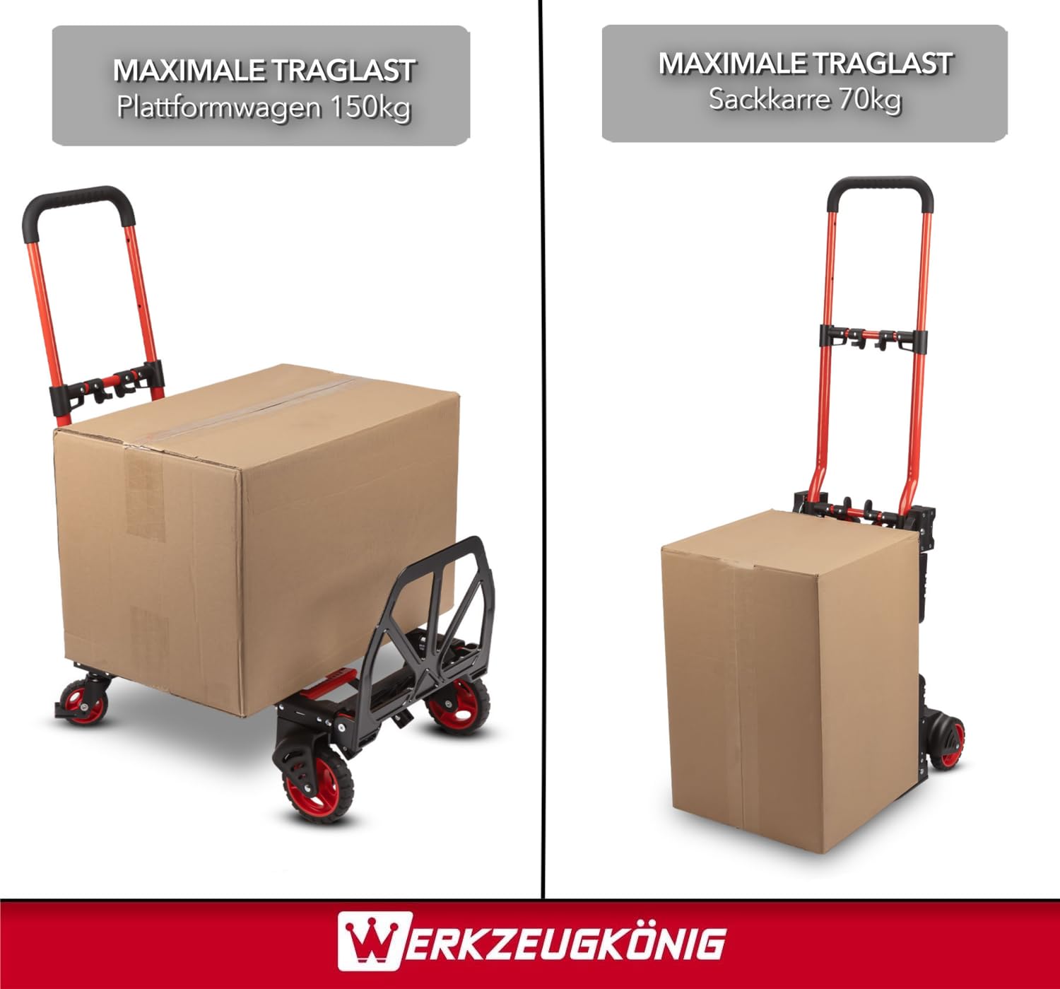 2-in-1 Transportwagen klappbar - Sackkarre & Plattformwagen | Flexibler Allrounder für Umzug, Einkauf & Logistik mit höhenverstellbarem Griff, bis 150 kg Tragkraft und inkl. Expanderseil