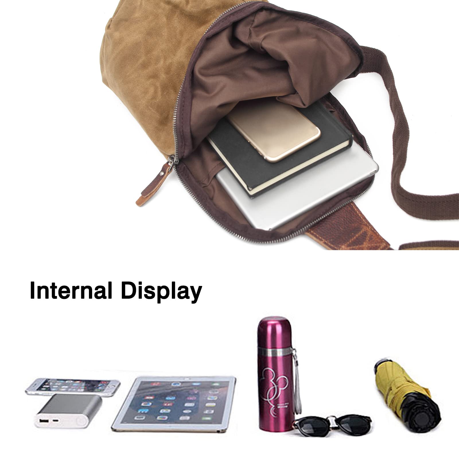 FANDARE Retrò Zaino Monospalla Tela Zaino Spalla Zaino Tracolla Uomo Borsa a tracolla Sling Bag Borsello a tracolla per Trekking Ciclismo Viaggio Piccolo Zainetto Cachi