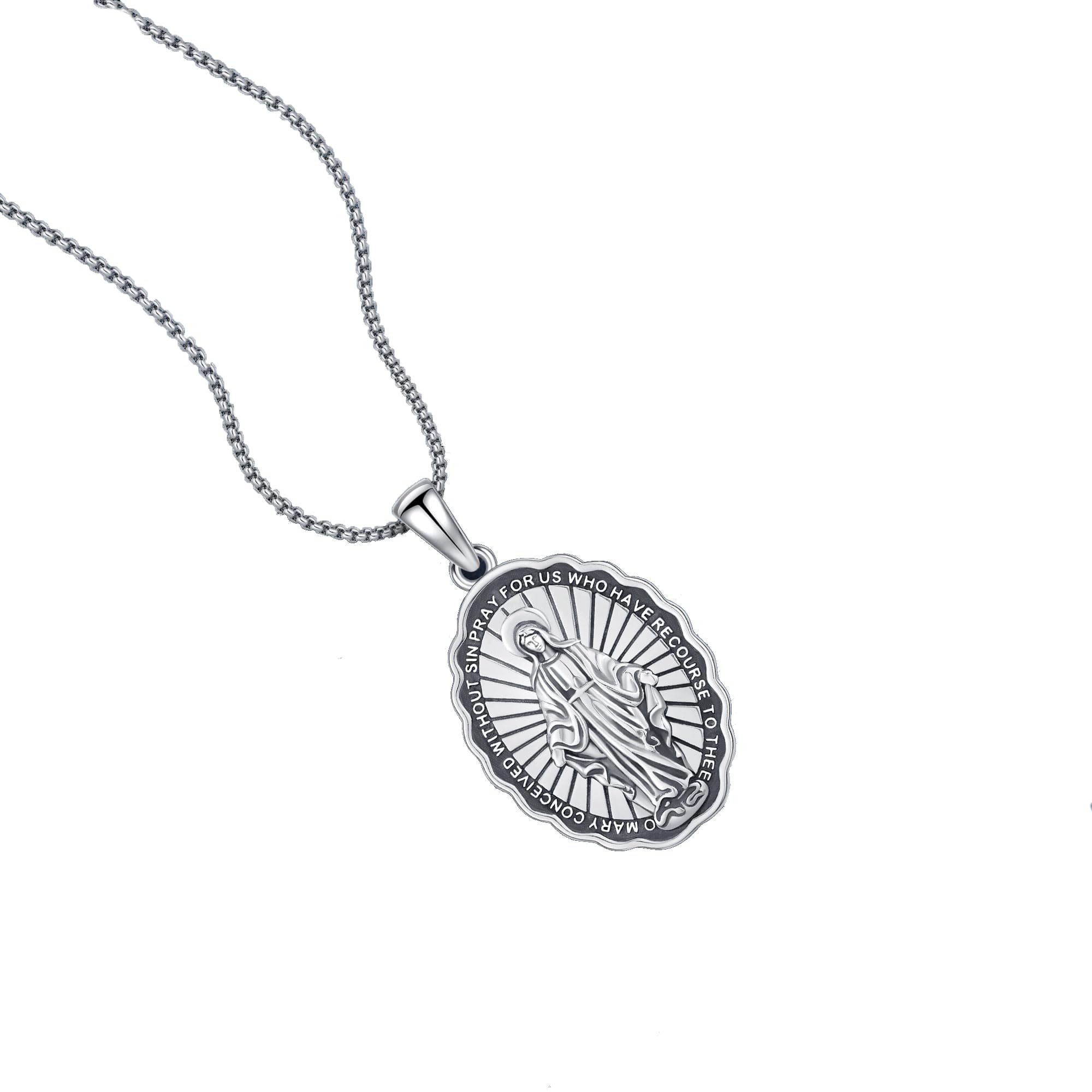 Collier avec médaille miraculeuse Vierge Marie pour homme et femme en argent sterling 925 avec pendentif en forme de médaille ovale divine Amulette Bijoux religieux, petit, argent sterling