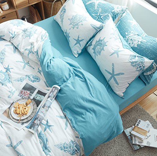 White Blue Duvet Cover Twin Size - 100% Jersey Knit Cotton Duvet Cover Set Starfish Pattern Bedding Set Luxury Soft Comforter Cover 3 Pieces With Zipper Closure, 1 Duvet Cover And 2 Pillow Shams #TOP1