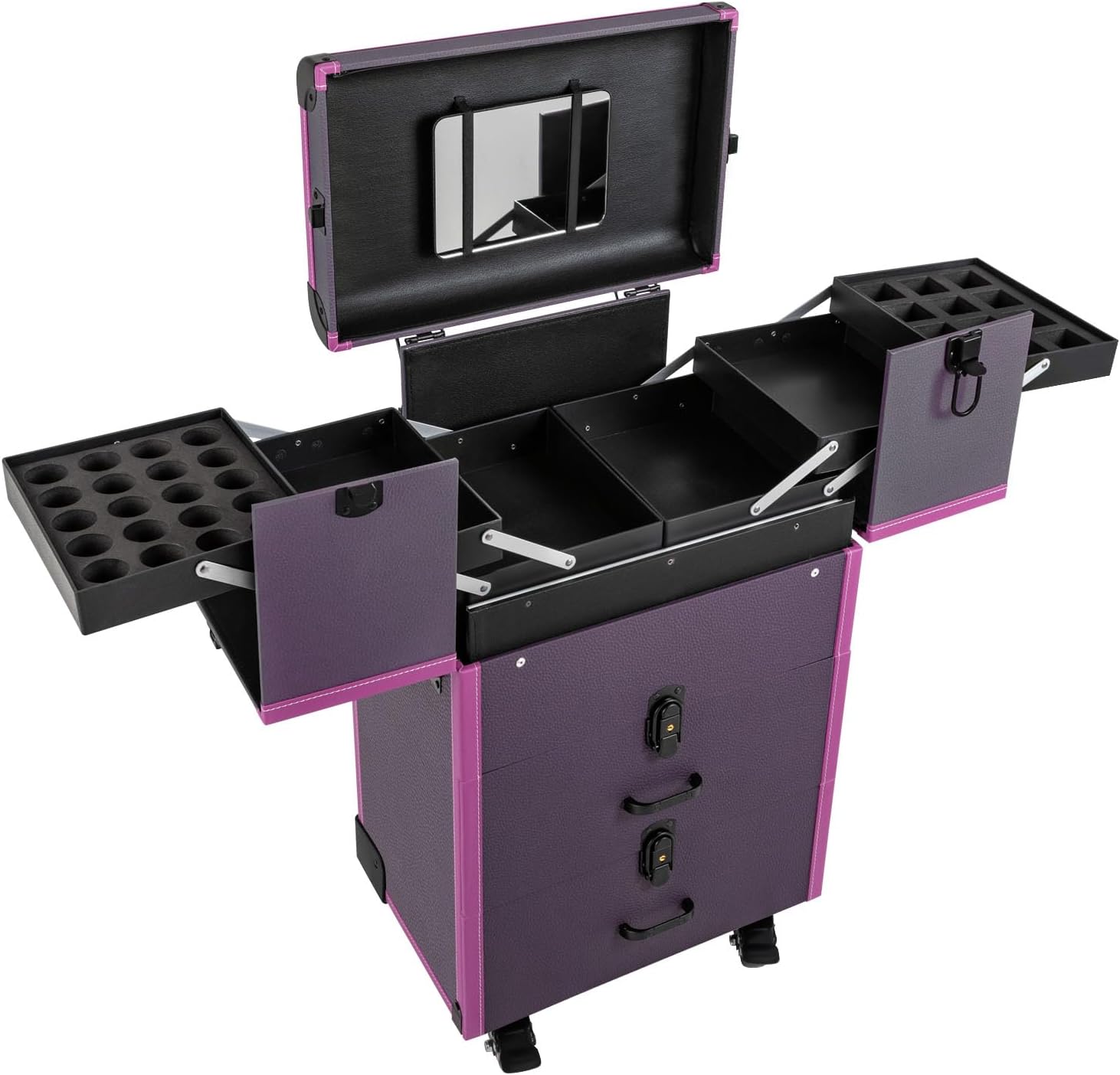 Large Rolling Makeup Case w/Mirror for Professionals,14.57 * 9.45 * 25.98in Rolling Makeup Train Case ,4 Trays & 2 Drawers,Lockable Cosmetic Organizer for Salon,Home, loading 110.23 lbs (purple)