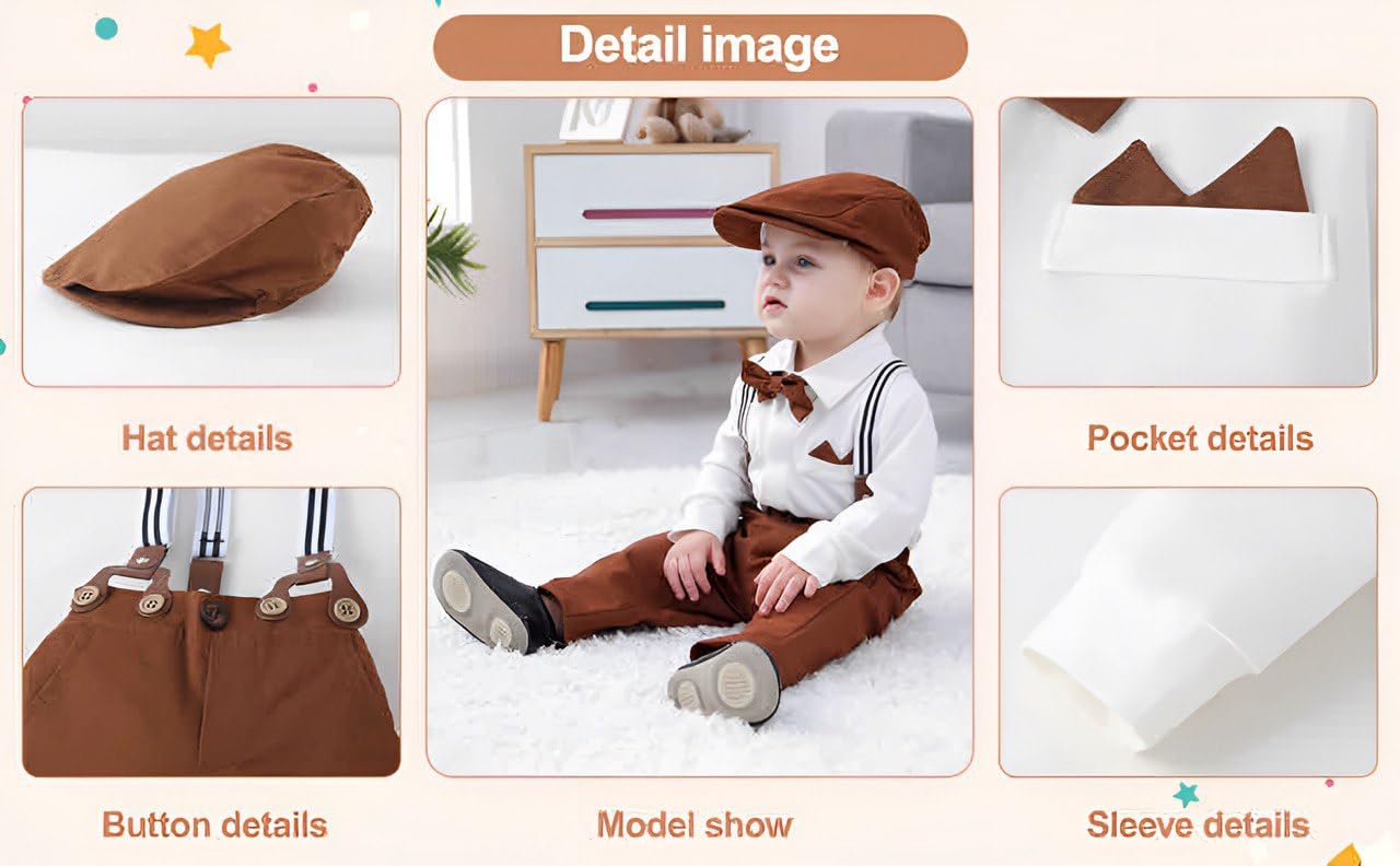 ERITIN Baby Boy Clothes Gentleman Outfits Suits Summer Short Sleeve Bowtie Bodysuit (Shirts,Suspender Shorts, Beret Hat) (Baby, WHITE, 2 YEAR) 2