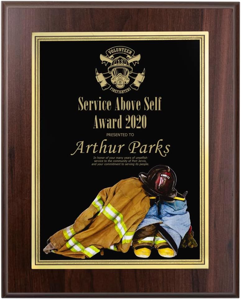 SHOP AWARDS AND GIFTS Customizable Firefighter Plaque Award Personalized Custom Engraved 8 x 10 Inch, Walnut Finish with Black Plate and Gold Trim, Includes Personalization