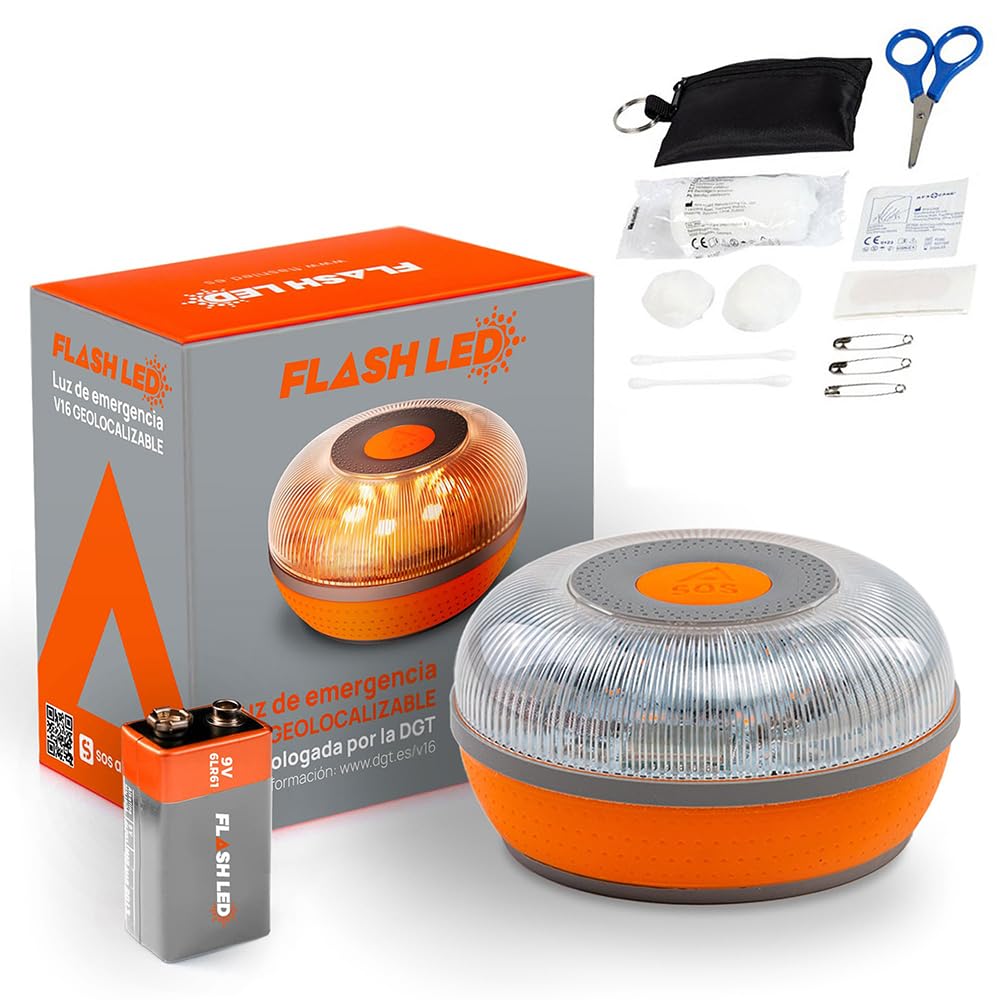 Flash LED SOS Luz de Emergencia V16 Conectada Homologada DGT 3.0 OBLIGATORIA, SIM y Servicio DE Datos Incluido hasta 2038, Base Imantada, Resistencia al Agua y Polvo IP54 + Set Mini Primeros Auxilios