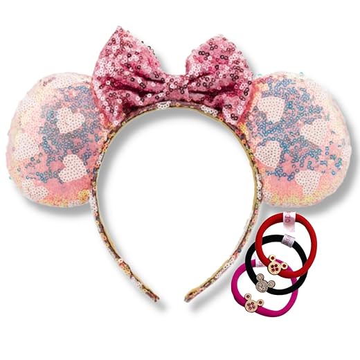 Tiara Minnie Orelha KIT Arquinho Arco Diadema Orelhinha Coroa Brilhante + 1 Elastico de Cabelo (Rosa Coracao)