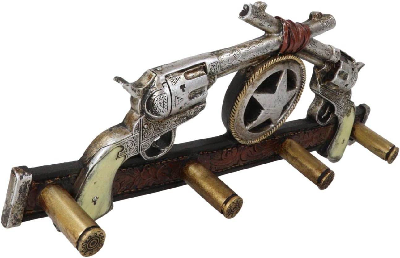 Ebros Gift Rustic Western Old World Dual Six Shooter Revolver Gun Pistols with Western Star 4 Pegs Coat Key Hat Leash Wall Hanging Bullet Ammo Shaped Hooks Country Decorative Organizer