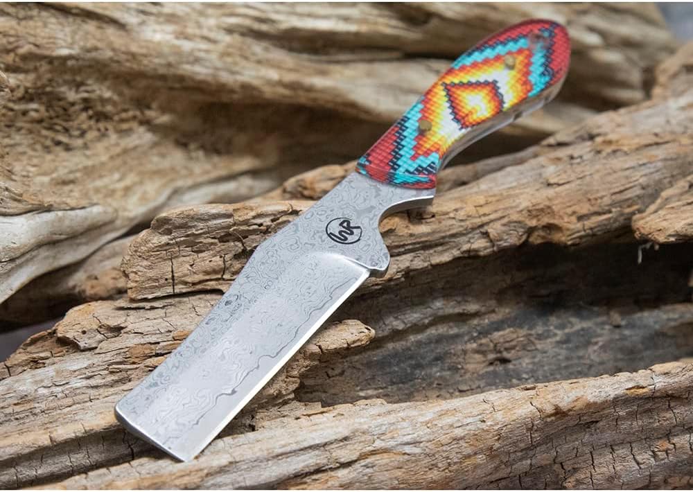 WHISKEY BENT HAT CO. Bullcutter 4 Fixed Blade Knife 440C Damascus Steel 3.5" Blade w/Leather Sheath 7" Overall Length (Warrior, 7" - Overall Length)
