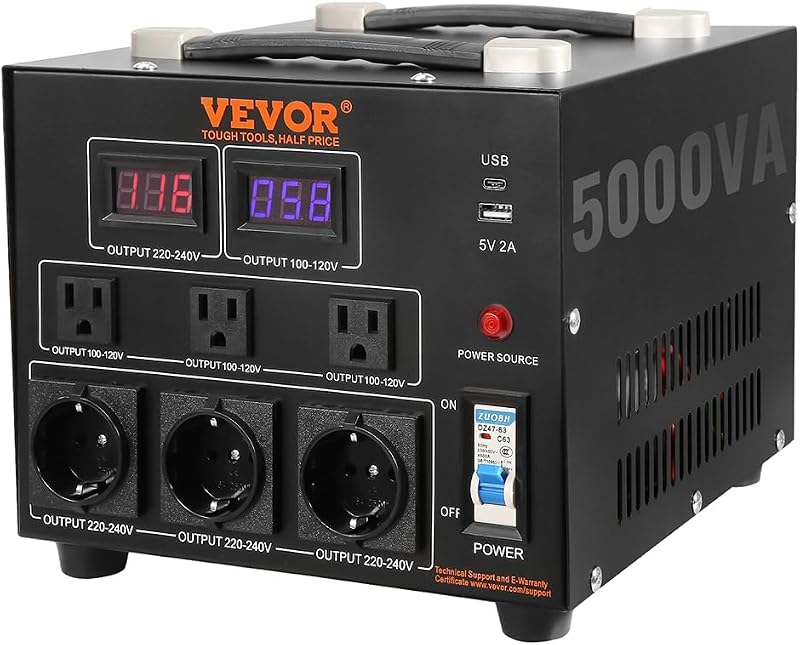 Transformador convertidor de voltaje VEVOR, 5000 W, transformador reductor/reductor de alta resistencia, convierte de 110 voltios a 220 voltios y de 220 voltios a 110 voltios, con salida de EE. UU., puerto USB de 5 V, certificado CE | Convertidor de corriente de 110 V a 220 V y de 220 V a 110 V, con salida para EE. UU., salida para UE, puerto USB de 5 V, 2 LCD, cable de alimentación para EE. UU., CE y FCC