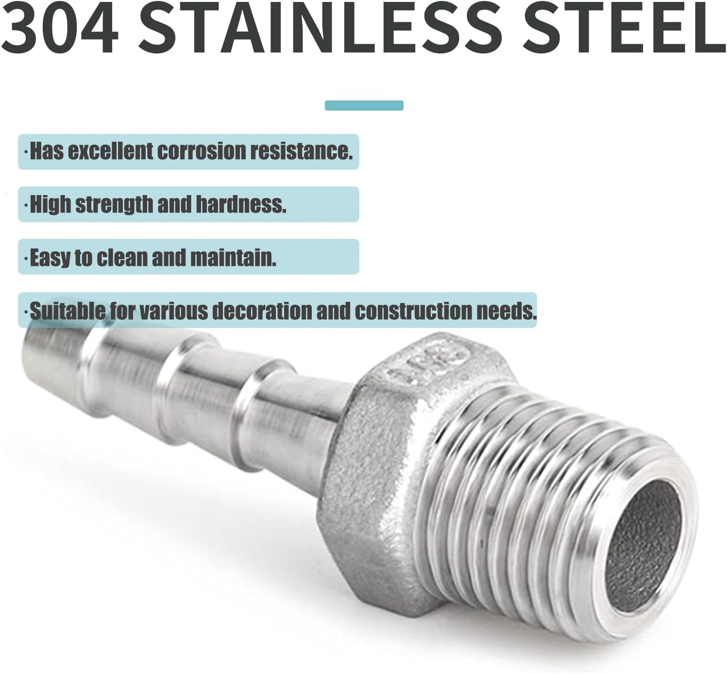 Hose Barb Fittings,304 Stainless Steel,3/8" Hose Barb to 3/8" Male NPT Male Thread Adapter Connector,Industrial Hose to Pipe Fittings Connect for Gas/Water/Oil.(5 Pcs)