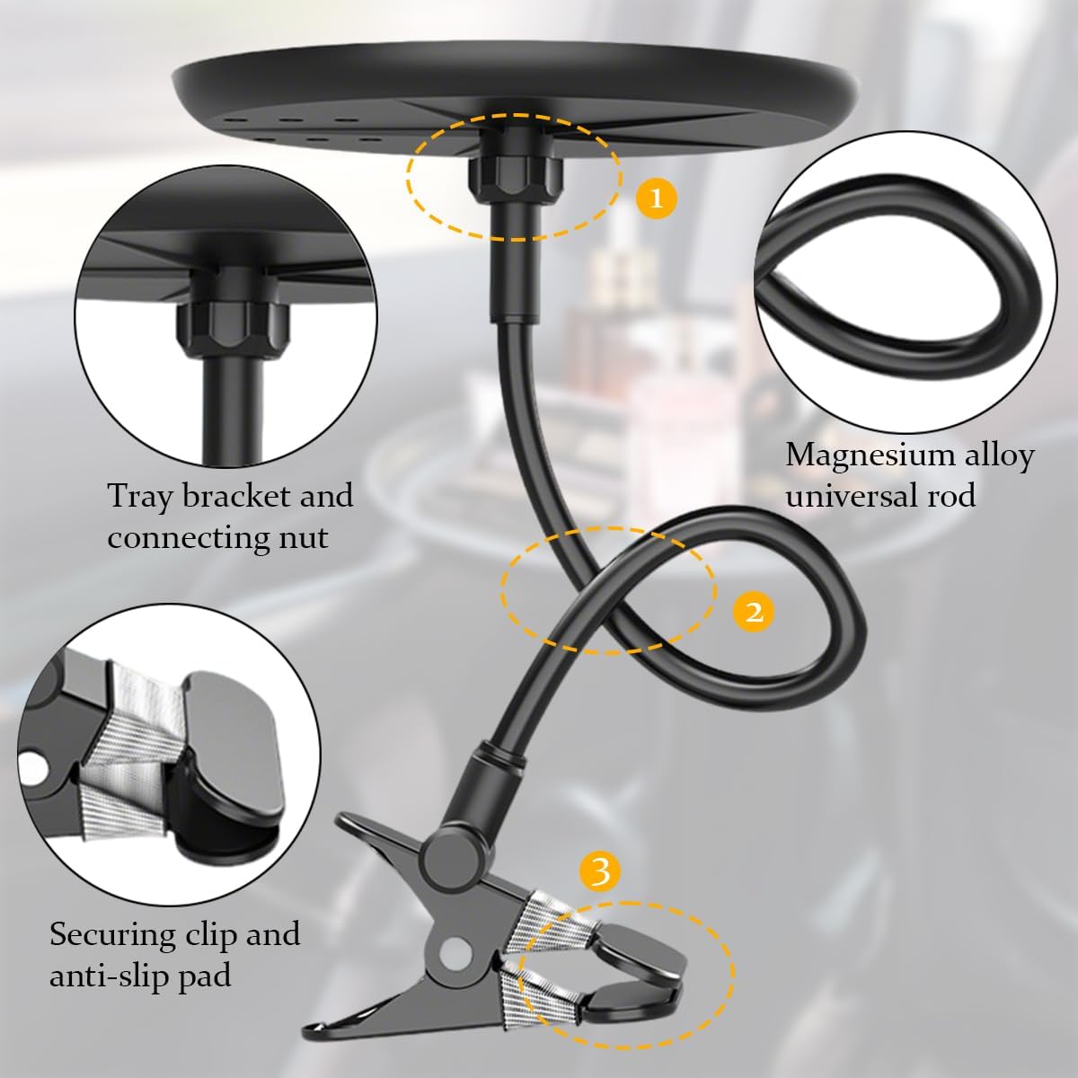 Zpana Car Adjustable Food Tray, 360° Non-Slip Swivel Vehicle Snacks & Drinks Dining Table, 8.7 Inches Diameter Automotive Clip Type Storage Tray, Universal for SUV, Truck, RV