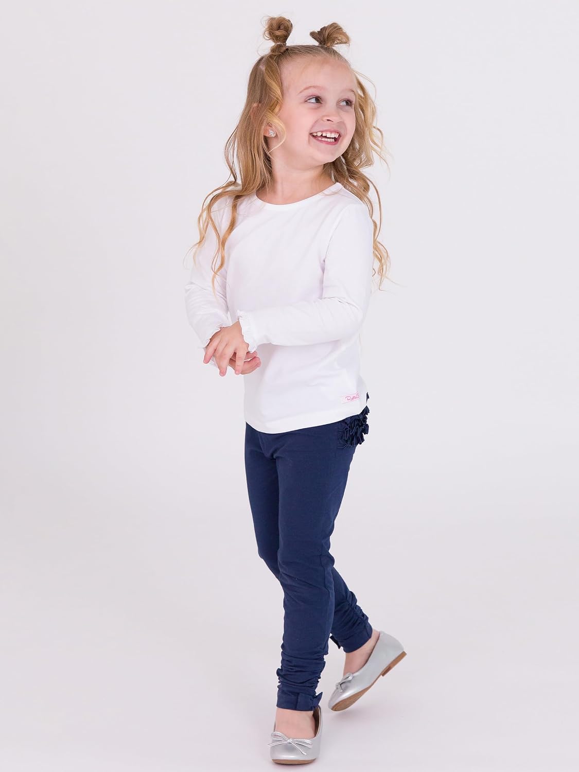RuffleButts Baby/Toddler Girls Knit Long Sleeve Ruffle Layering Tee Shirt - White, 18-24m