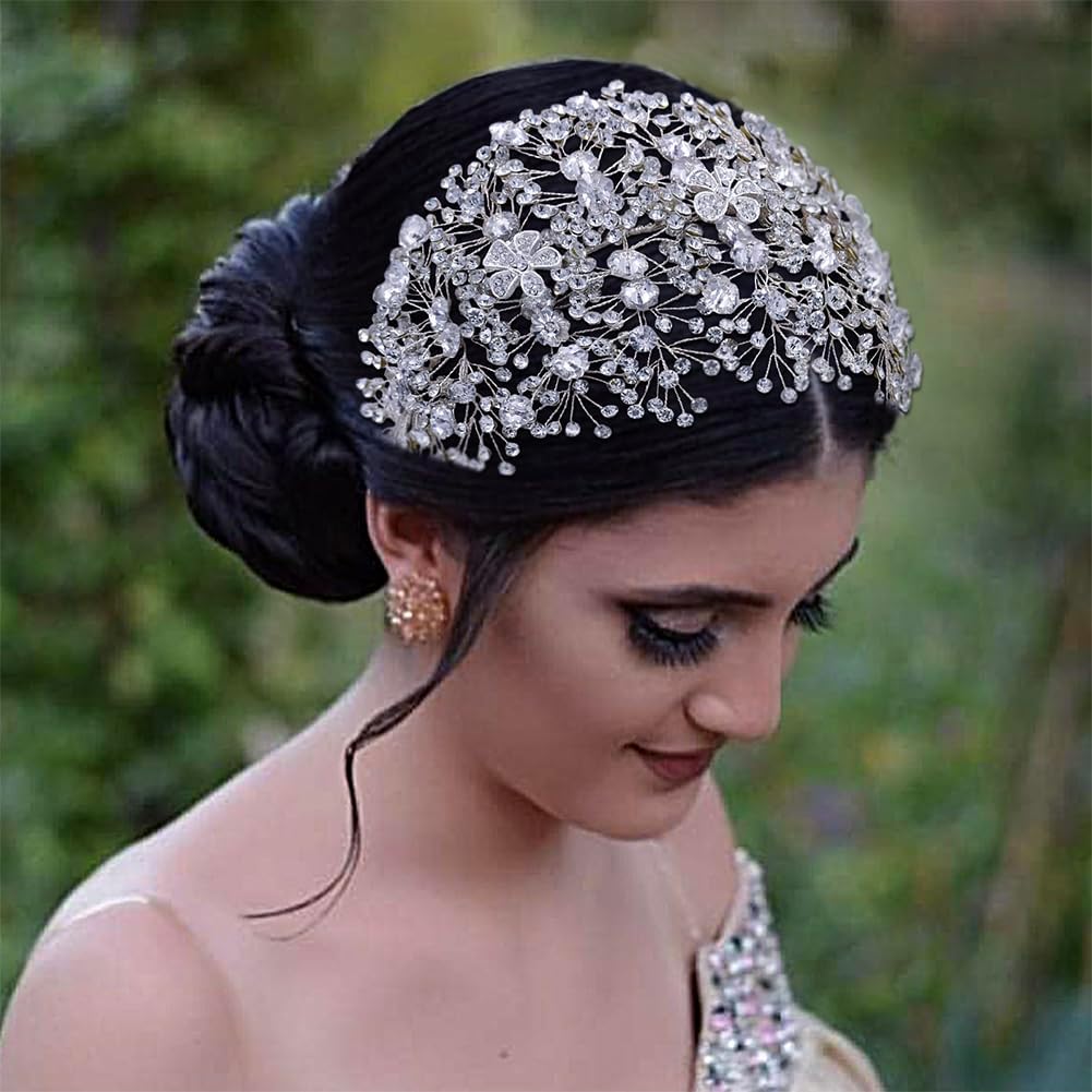 Wedding Diamond Headband for Brides, Handmade Bridal Headpieces for Wedding Rhinestone Hair Accessories(12.6x5.5 Inches)