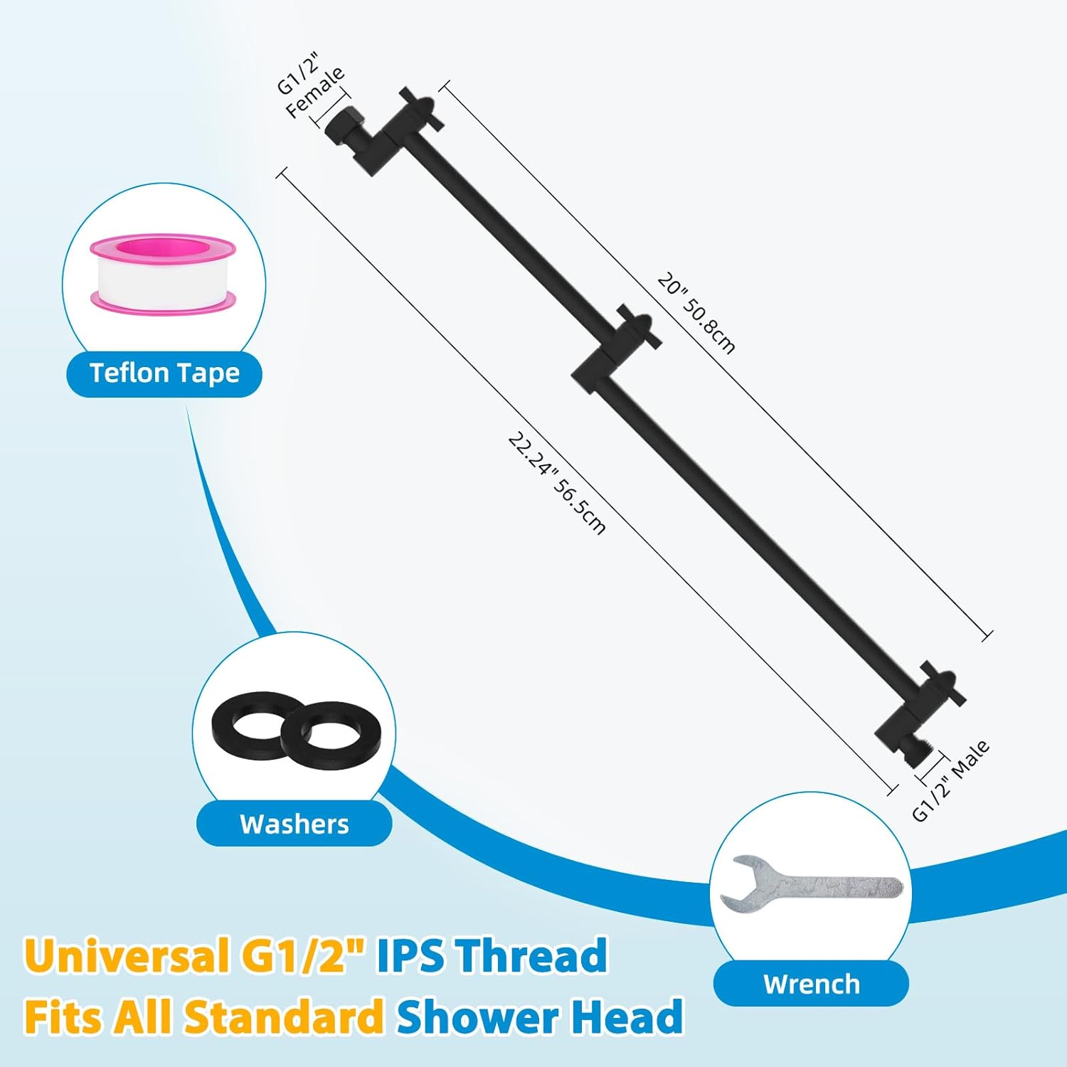 iFealClear All Metal 20" Shower Head Extension Arm, Solid Brass Shower Head Extender Adjustable Height Angle, G1/2 Universal Connection Stainless Steel Rain Showerhead Pipe with Lock Joint, MatteBlack