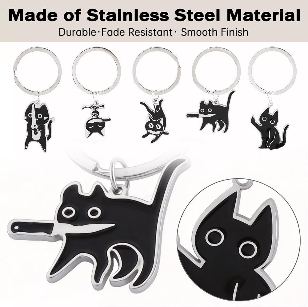 6PCS Cute Black Cat Cool Stuff Keychain, Cat Keyrings Funny Halloween Christmas Keychain Cat Lover Gifts Ideas Keychains for Women Men