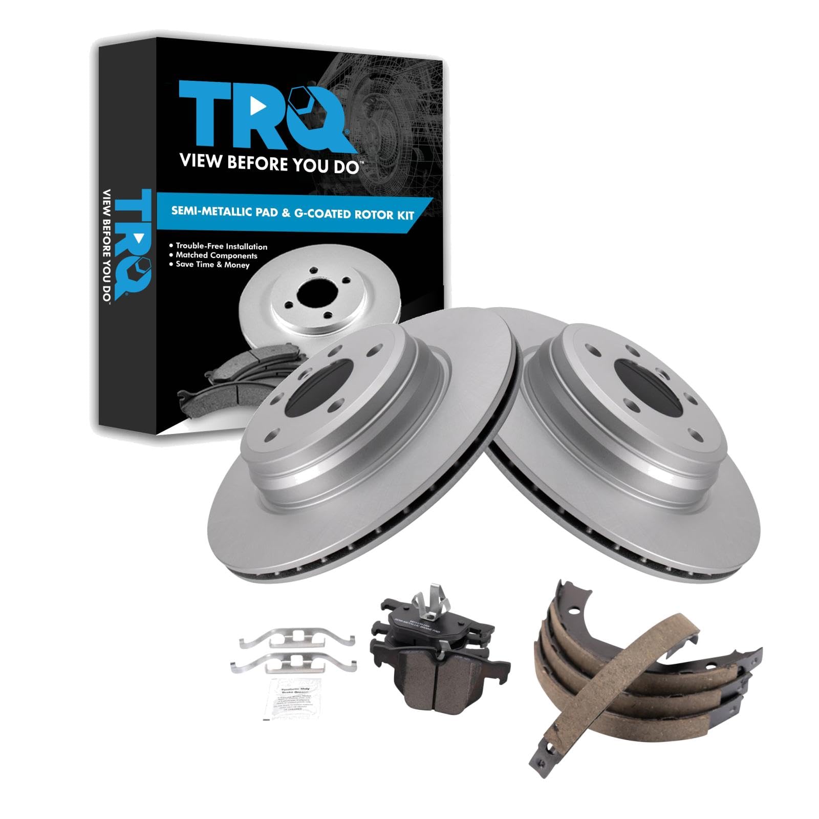 TRQ Rear Brake Pad and Rotor Set Semi Metallic Coated Rotors Parking Shoe Compatible with 2012-2013 BMW 335i 2013 335i xDrive