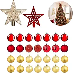 Kit de Enfeites de Natal com 24 Bolas e Estrela Ponteira, Decoração Clássica e Brilhante (Vermelho)