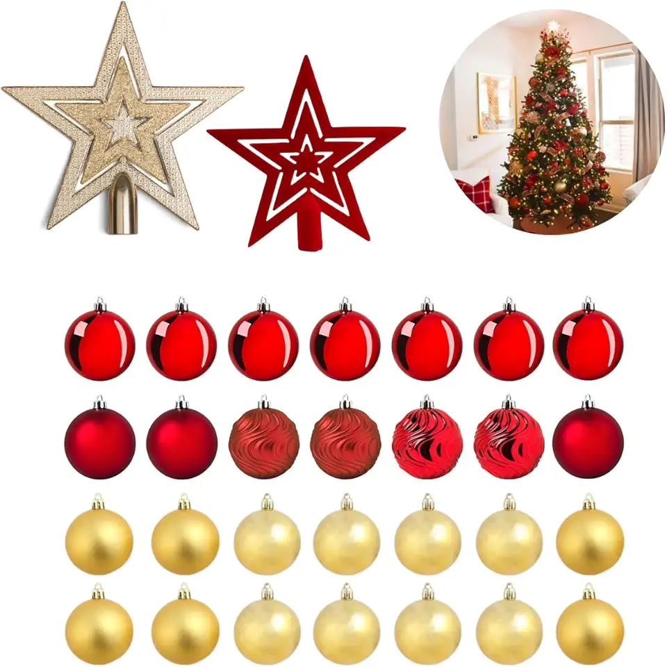 Kit de Enfeites de Natal com 24 Bolas e Estrela Ponteira, Decoração Clássica e Brilhante (Vermelho)